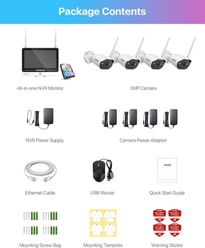 ZOSI 3MP Aussen WLAN Überwachungskamera Set mit 12.5 Zoll Monitor, 4X 3MP WiFi Kamera Überwachung Au