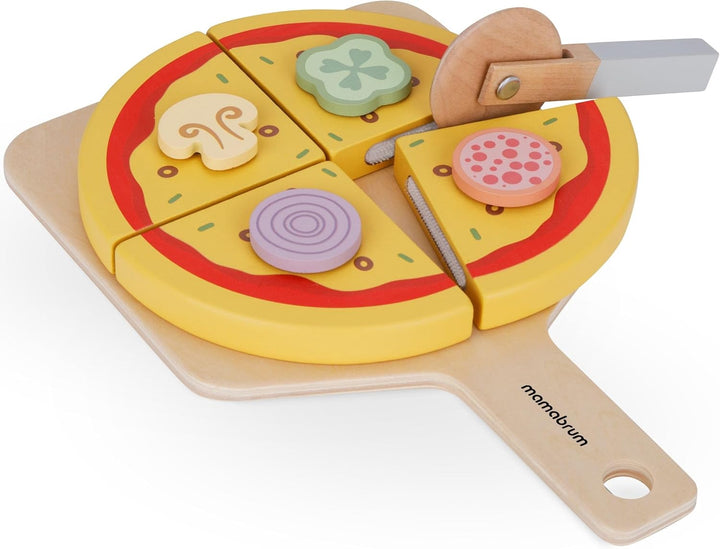 Mamabrum Holz Pizza-Backset mit Pizzaofen, Pizzastücke mit Klettverschluss, Zutaten-Scheiben, Spate