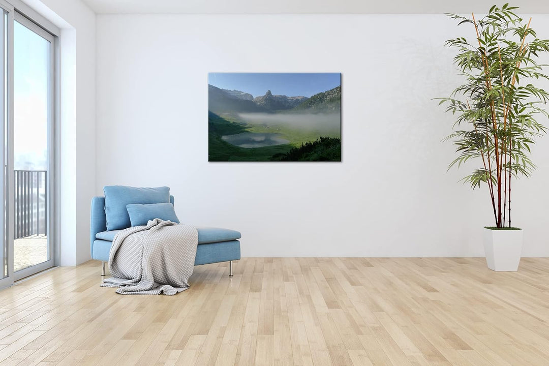Funtensee im Nebel im Format: 80x60 als Leinwandbild, Motiv fertig gerahmt auf Echtholzrahmen, Hochw