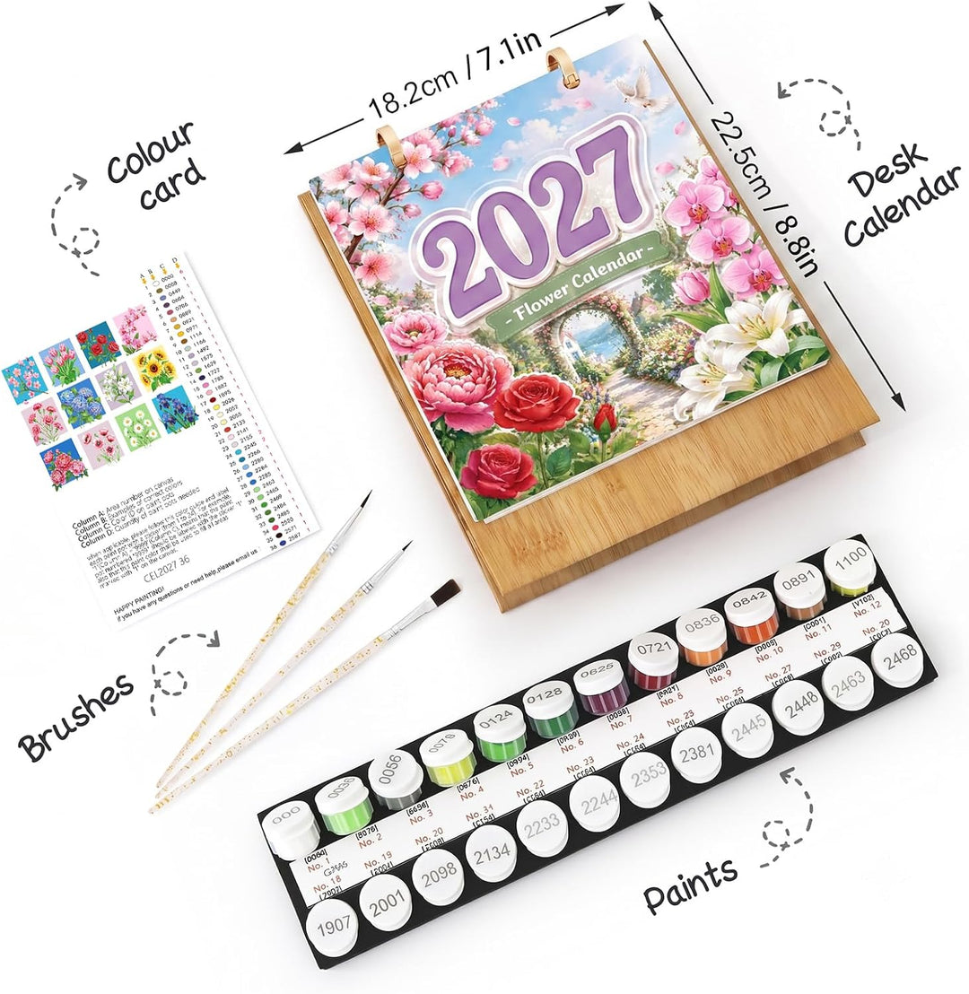 Tischkalender 2027 Malen nach Zahlen DIY Blumen Kalender zum Aufstellen Bastelset für Erwachsene mit