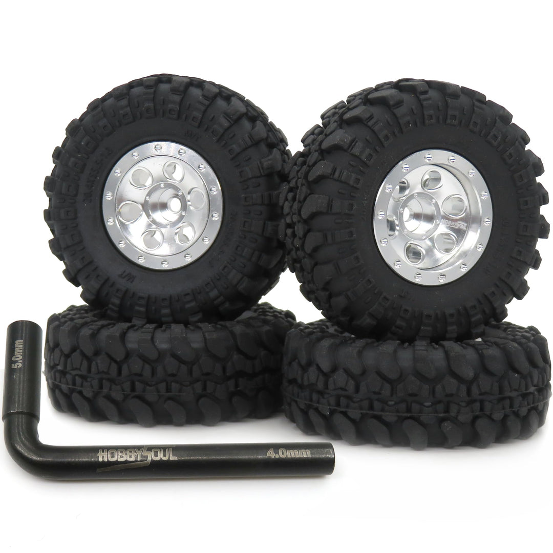 hobbysoul 1/24 Räder und Reifen mit einstellbarem Versatz Silberne Farbe, 1,0 Reifen und 1,0 Beadloc