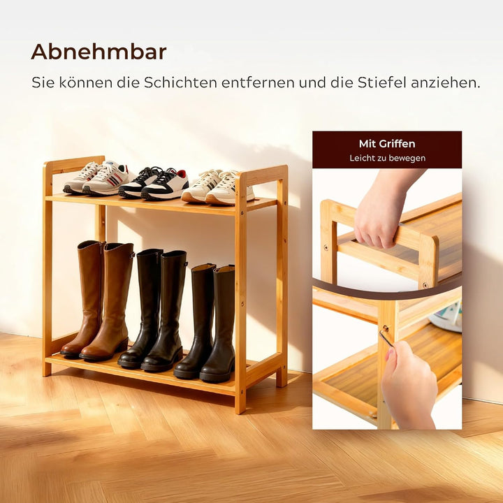 LEADZM Schuhregal, Schuhschrank, Bambus Schuhbank mit 3 Ablagen, für Flur, Bad, Wohnzimmer, Diele, 6