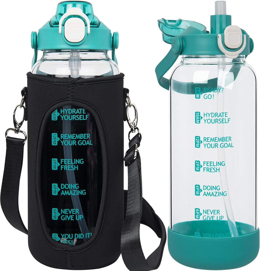 Seekua 2l Trinkflasche Glas Flasche mit Strohhalm & Zeitmarkierung, 2 liter Wasserflasche mit Frücht