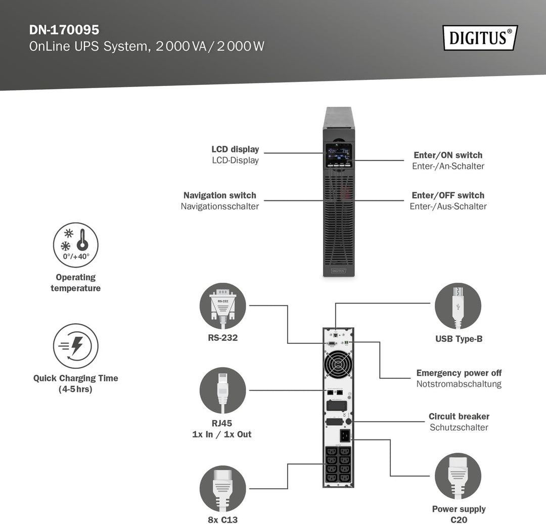 DIGITUS Unterbrechungsfreie Stromversorgung – OnLine USV-System – 2 kVA 2 kW – 8 C13 Steckdosen – UP