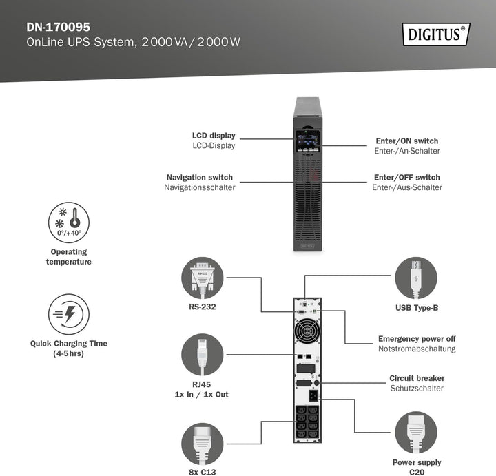 DIGITUS Unterbrechungsfreie Stromversorgung – OnLine USV-System – 2 kVA 2 kW – 8 C13 Steckdosen – UP