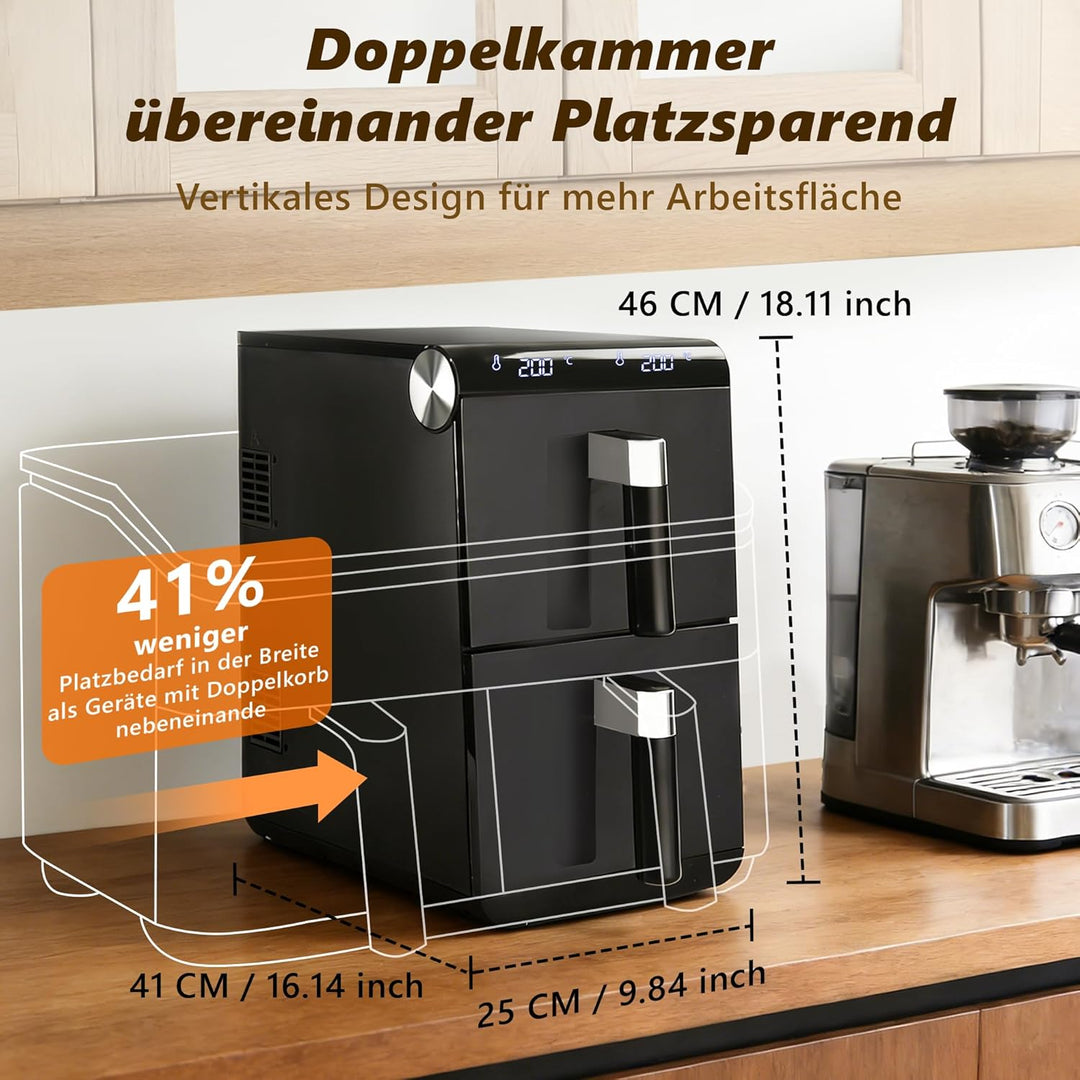Citybee 11L XXL Heissluftfritteuse 2 Kammern, Dual-Zone Doppelkammer Turm-Airfryer mit SYNC/MATCH, 2