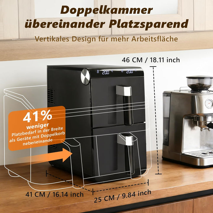 Citybee 11L XXL Heissluftfritteuse 2 Kammern, Dual-Zone Doppelkammer Turm-Airfryer mit SYNC/MATCH, 2
