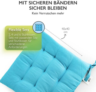 etérea Sitzkissen Stuhl 40x40 2er Set innen - Stuhlkissen Türkis - Sitzauflage Stuhl, Gartenstuhl, I