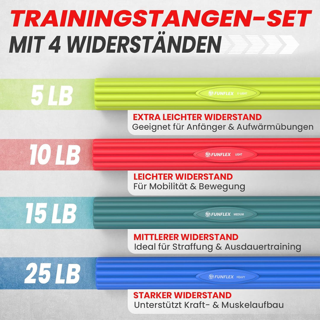 FUNFLEX Flexible Widerstand Stange Set, verschiedene Stärken - Tennisarm Bar, Griffkraft Training, H
