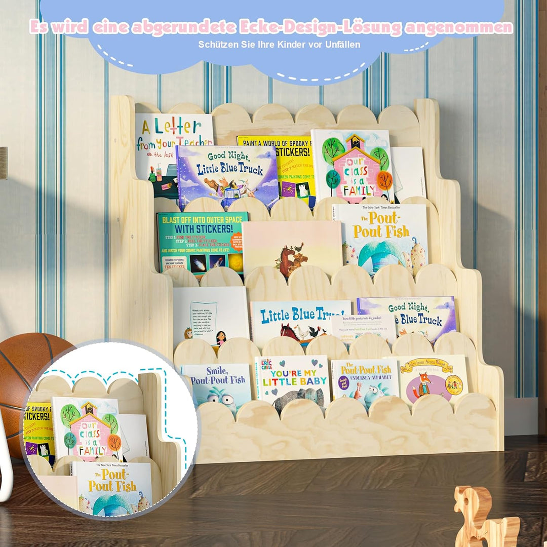 Bücherregal Kinder aus Kieferholz, Kinderregal mit 4 Ablage montessori Regal stehend für Kinderzimme