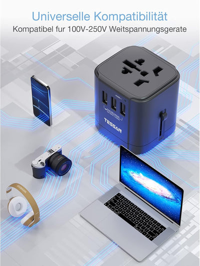 TESSAN Reiseadapter Weltweit, Steckdosenadapter Japan mit 3 USB A, Reisestecker Adapter Weltweit, Un