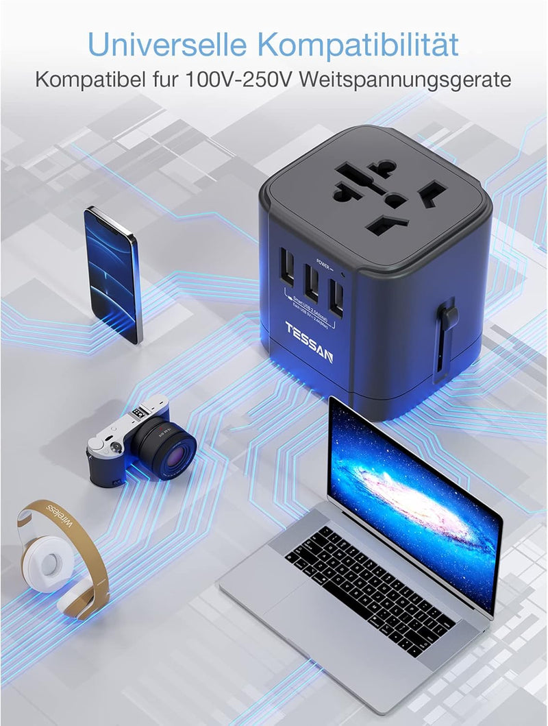 TESSAN Reiseadapter Weltweit, Steckdosenadapter Japan mit 3 USB A, Reisestecker Adapter Weltweit, Un