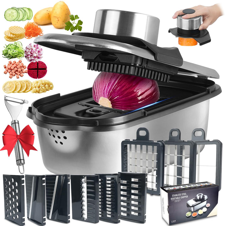Dicer Smart 9-in-1, Edelstahl Gemüseschneider Und Mandoline Gemüsehobel Set (11 Teile), Julienne- un