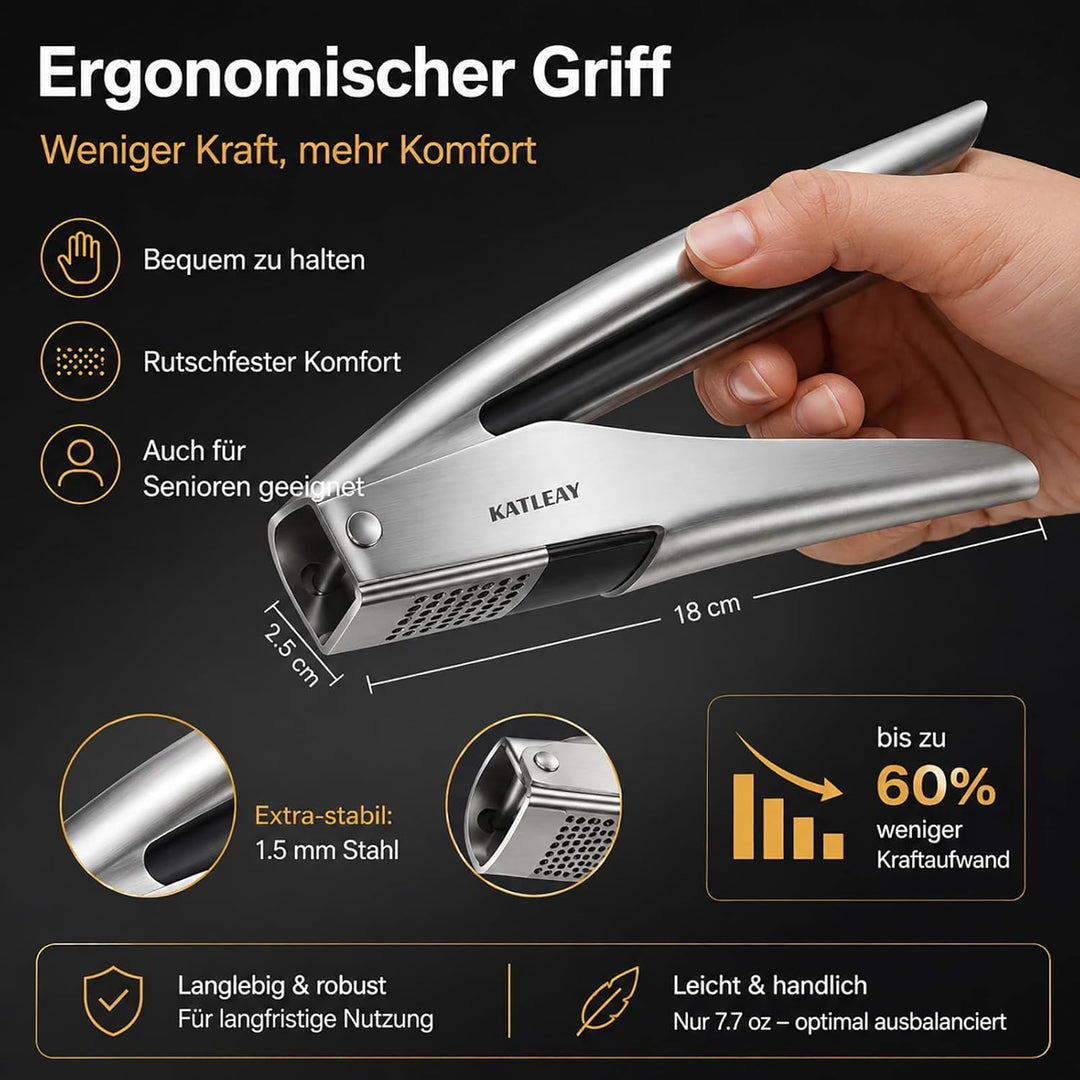 Profi Knoblauchpresse Edelstahl, Garlic Press Spülmaschinenfest - mit Schäler und Bürste, Leicht zu