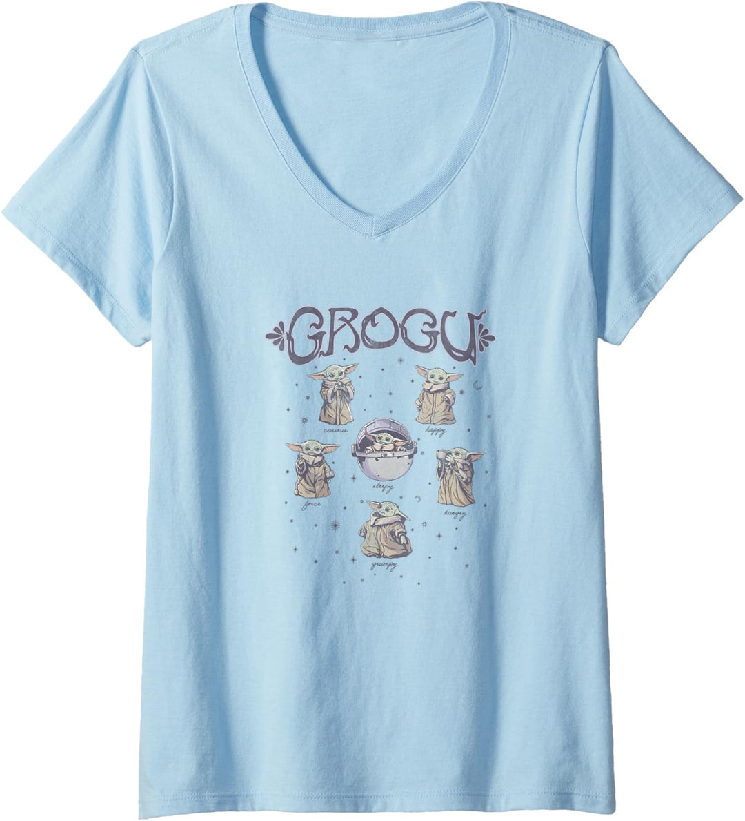 Star Wars: The Mandalorian Grogu 6 Characters in Space T-Shirt mit V-Ausschnitt