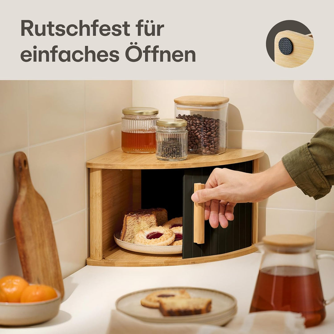 Praknu Brotkasten Ecke Holz mit Schiebetür – Platzsparende Brotbox – Hält Brot länger frisch - Einfa