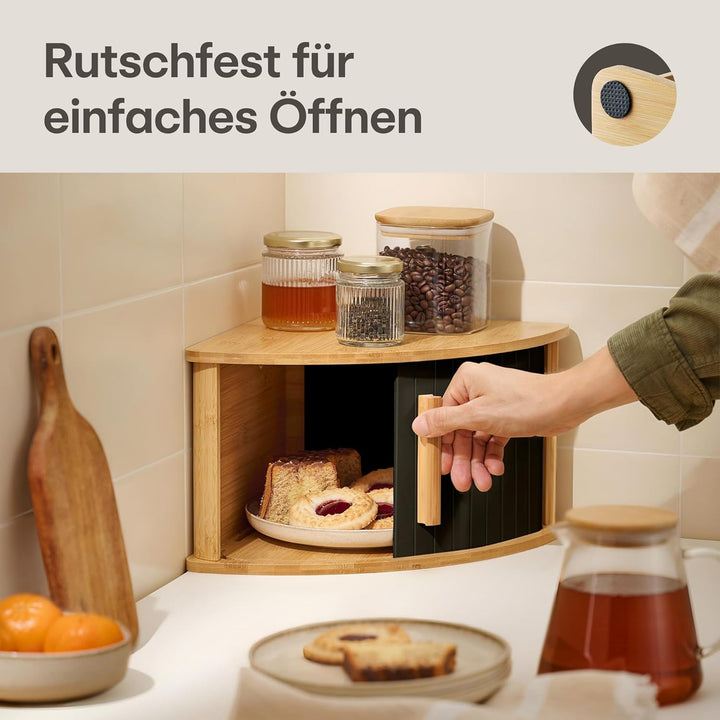 Praknu Brotkasten Ecke Holz mit Schiebetür – Platzsparende Brotbox – Hält Brot länger frisch - Einfa