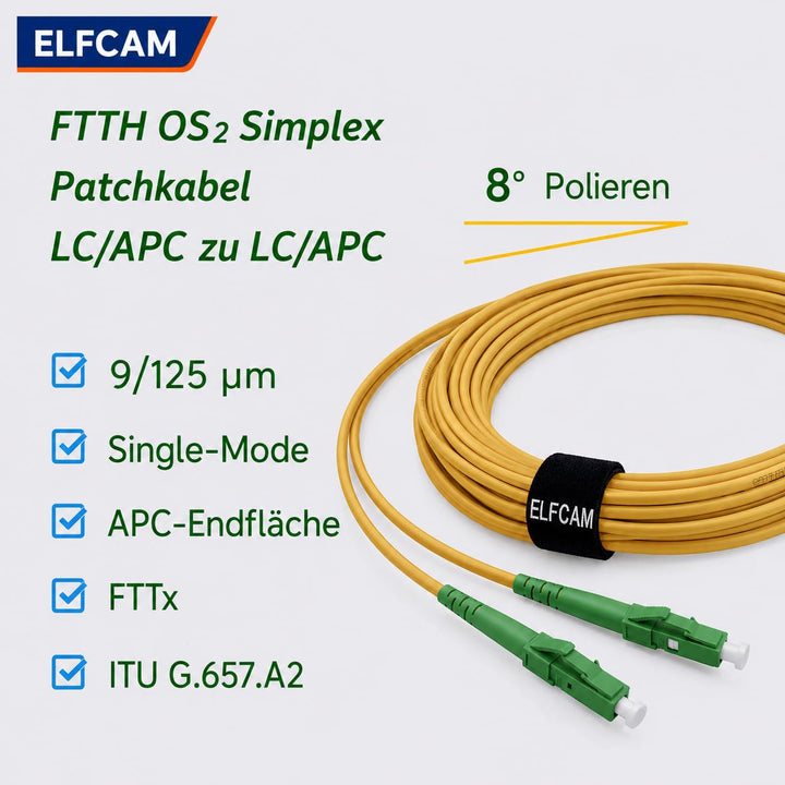 Elfcam® - 50m Glasfaserkabel LC/APC auf LC/APC Simplex Singlemode 9/125µm LSZH, FTTH LWL Patchkabel