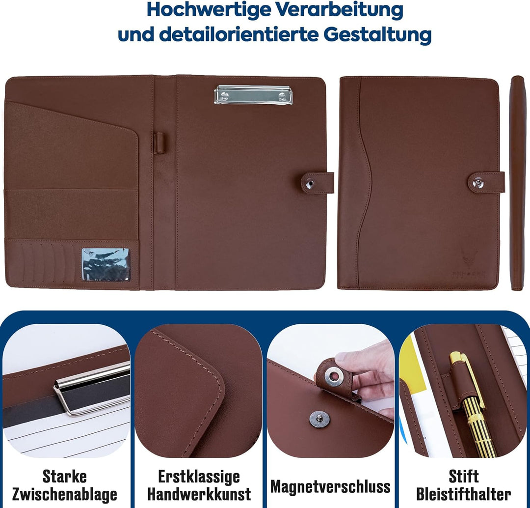 AMKSONS Schreibmappe A4 in Braun inklusive Klemmbrett & DIN A4 Notizblock - Premium Konferenzmappe a