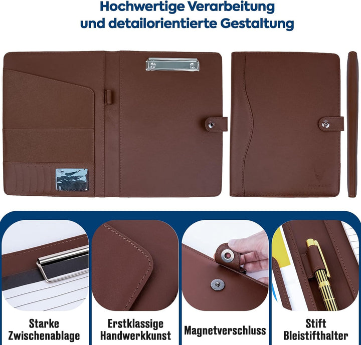 AMKSONS Schreibmappe A4 in Braun inklusive Klemmbrett & DIN A4 Notizblock - Premium Konferenzmappe a
