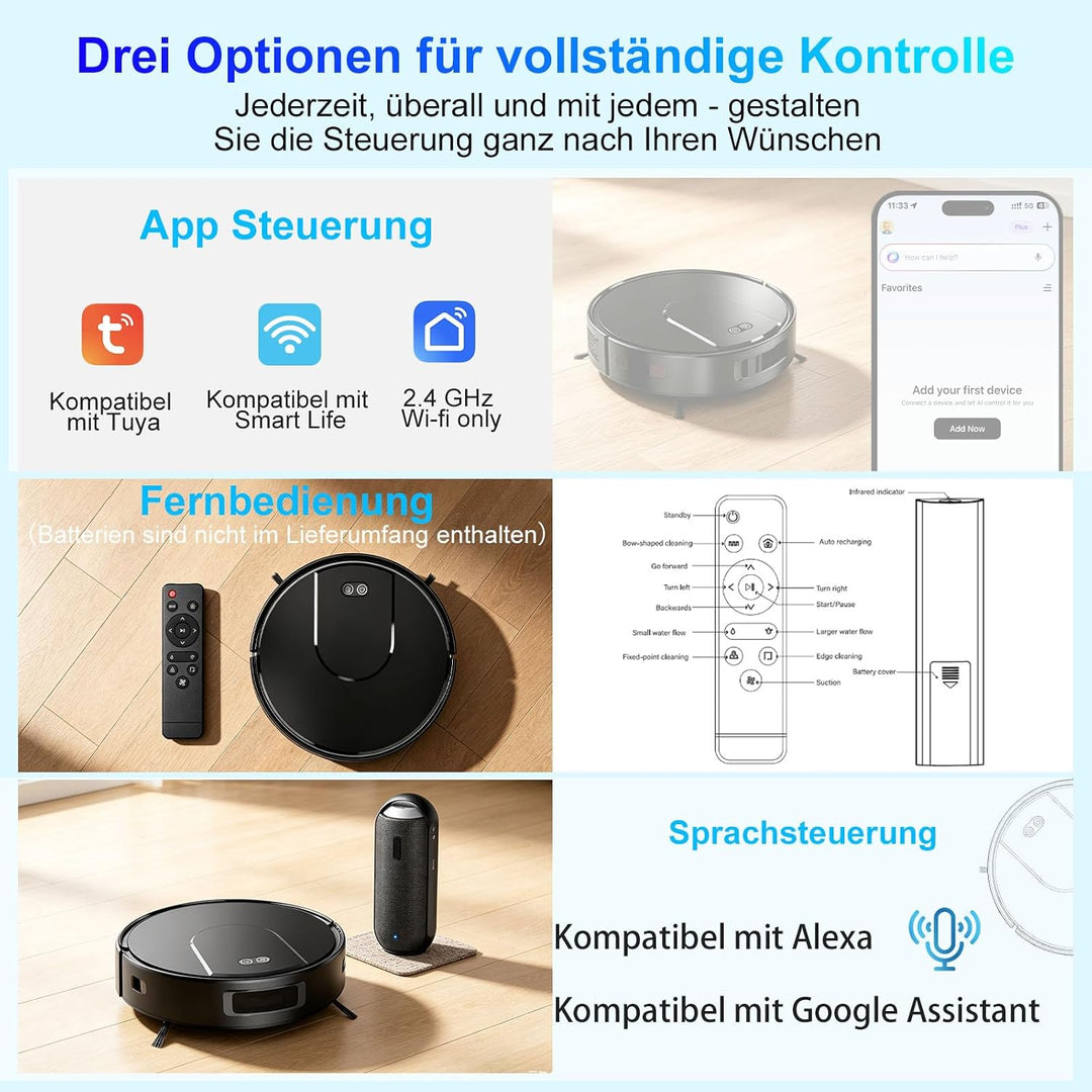 Saugroboter mit Wischfunktion, 8000Pa Starke Saugkraft Saugroboter | 5 Reinigungsmodi, Selbstauflade