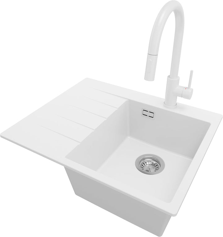 Granitspüle Weiss 62x50 cm, Spülbecken + Ablauf-Set + Küchenarmatur 9000, Küchenspüle für 40er Unter
