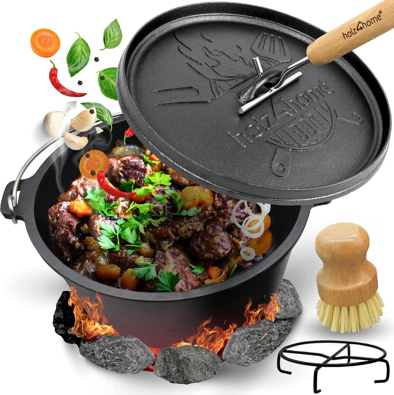 holz4home® Dutch Oven Set [12L, Ohne Füsse] I Eingebrannter Feuertopf Gusseisen I Schmortopf mit Dec