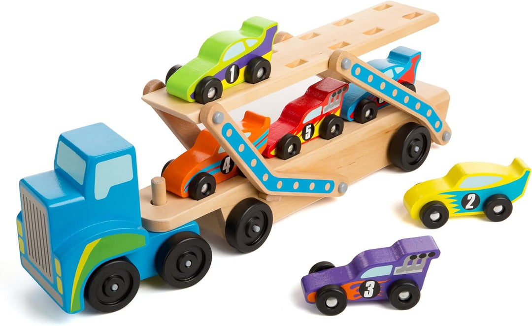 Melissa & Doug Rennwagenlaster aus Holz, Rennwagenlaster