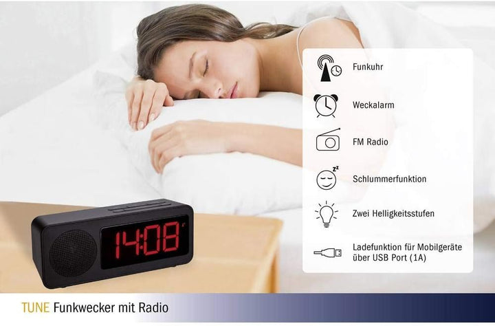 TFA Dostmann Funk-Wecker, 60.2546.01, mit Radiofunktion, kontraststarkem Display und Ladefunktion fü