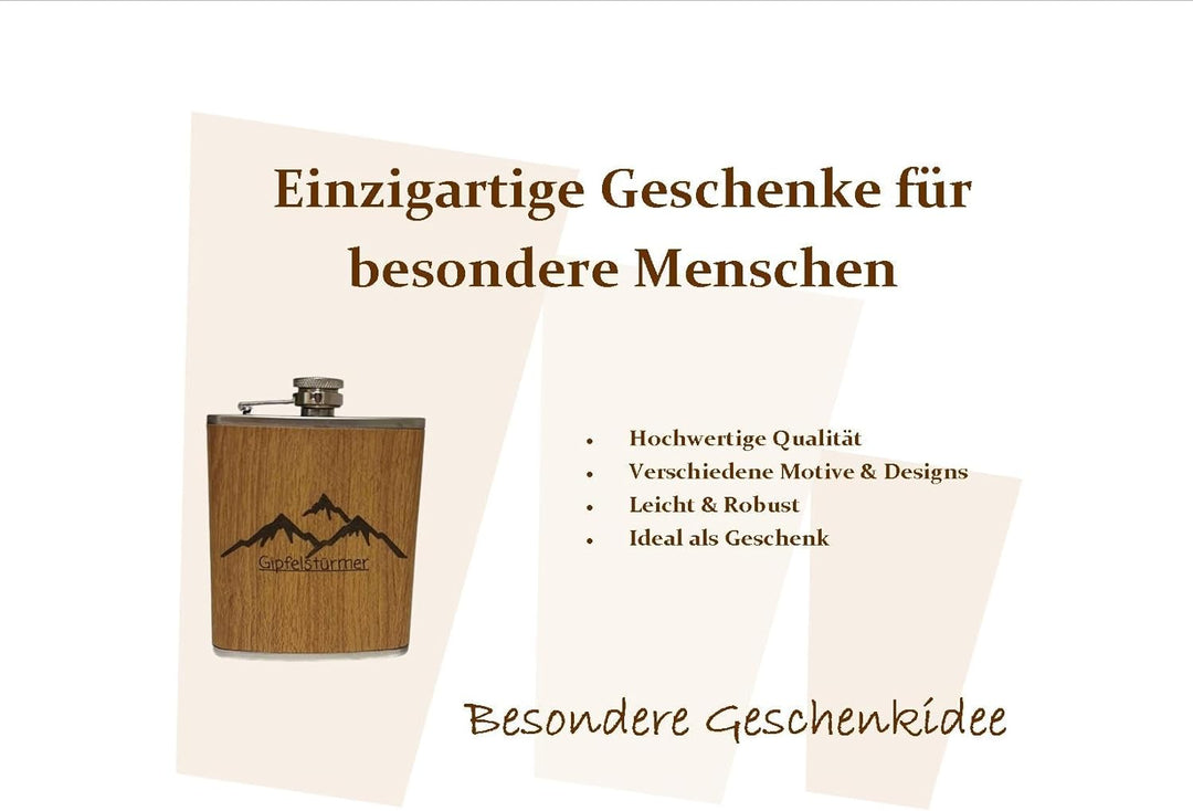 Edelstahl Flachmann 170ml in Holzoptik – Ideal für Unterwegs, Robust & Langlebig, Trinkflasche, Gesc