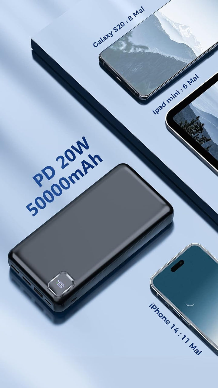 Powerbank 50000mAh, 22.5W Power Bank Schnellladung | 4 Ausgänge &amp; 2 Eingänge, Grosse Kapazität, Trag