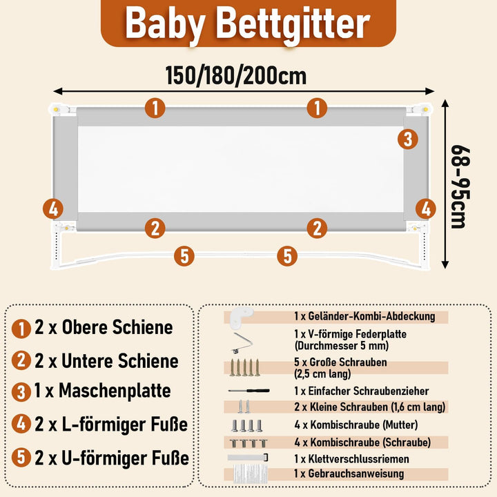 Ikodm Bettgitter Klappbar 180cm und 200cm, Bettschutzgitter Höhenverstellbar von 68-95cm, Rausfallsc