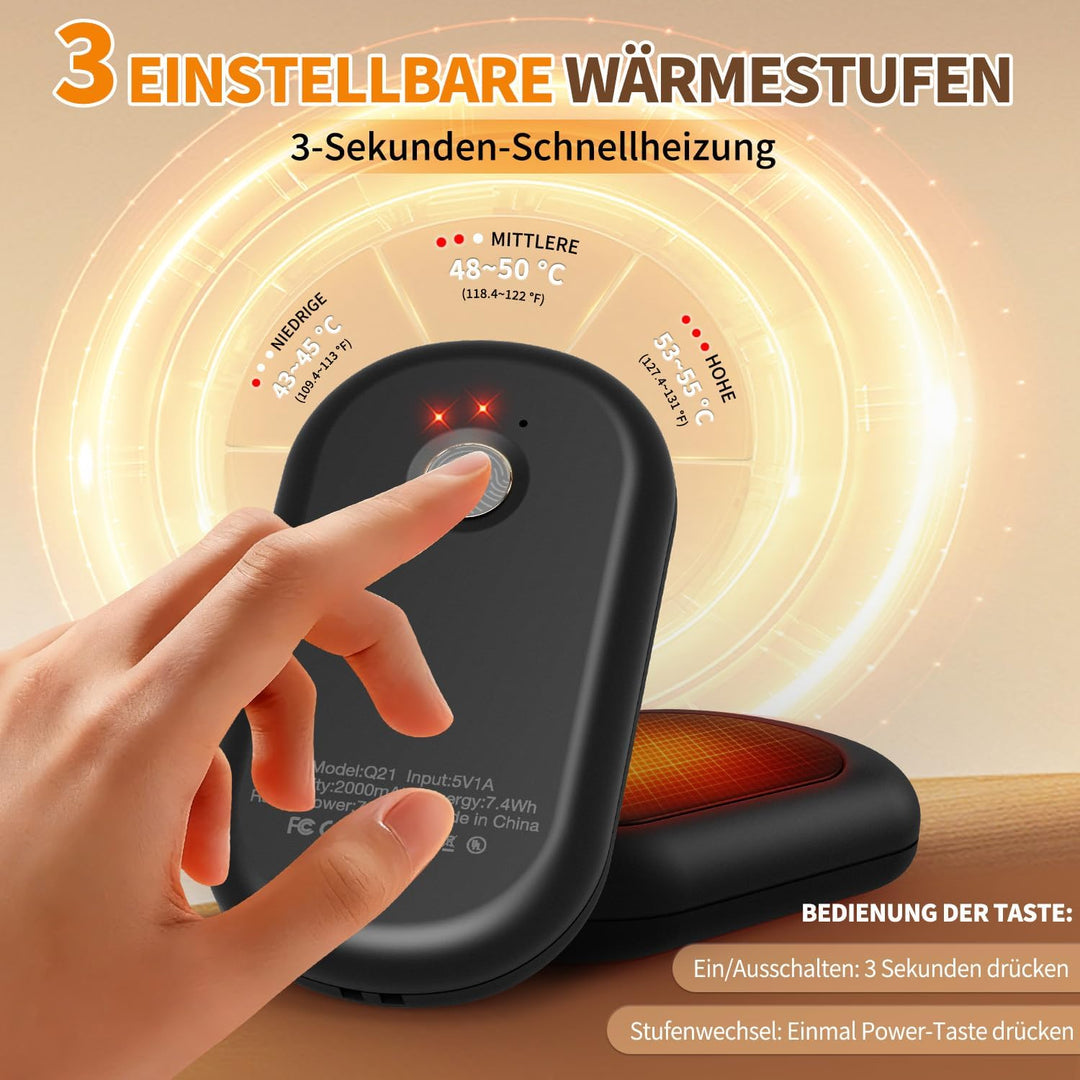 HOAMZ Handwärmer Elektrisch 2er Set mit Magnet, Sicher & Zuverlässig, 3 Stufen Heizung bis zu 131℉/5