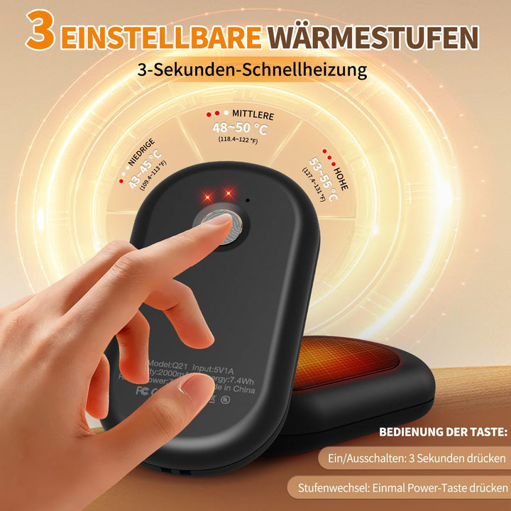 HOAMZ Handwärmer Elektrisch 2er Set mit Magnet, Sicher & Zuverlässig, 3 Stufen Heizung bis zu 131℉/5