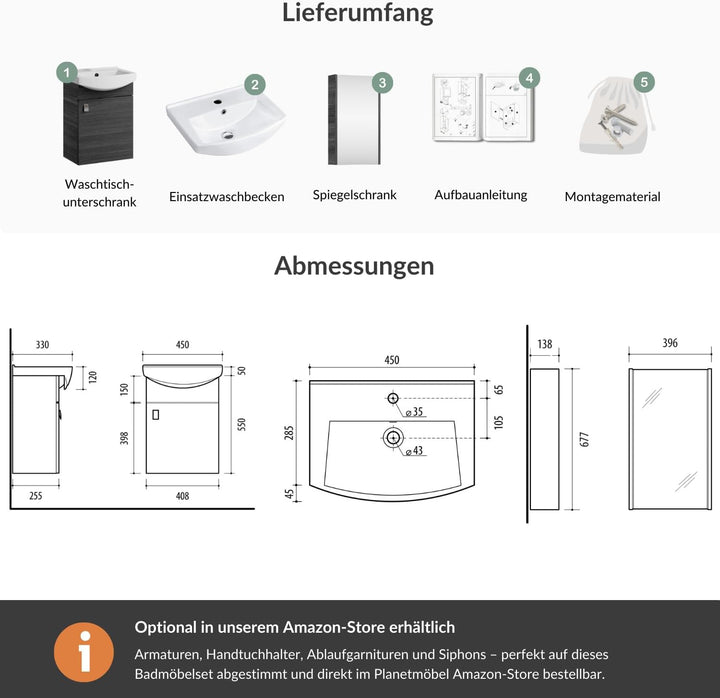 Planetmöbel Badmöbel Set aus Waschtisch + Waschbecken + Spiegelschranki, Gäste Bad WC, Farbe Anthraz
