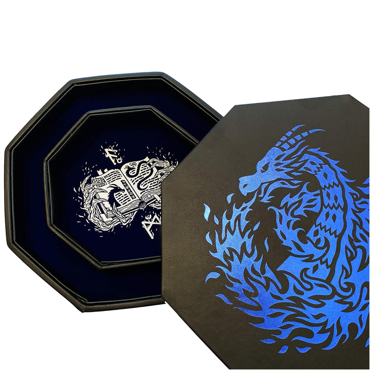 Fantasydice - Feuerdrache – Würfeltablett – 20 cm achteckig, mit Deckel und Würfelfel-Bereich – für