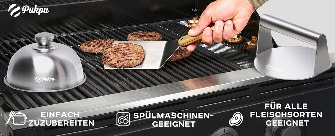 Burgerpresse Smash Burger Set - 3-Teilig Burger Smasher aus Edelstahl mit 1 Grosse Grillspachtel und