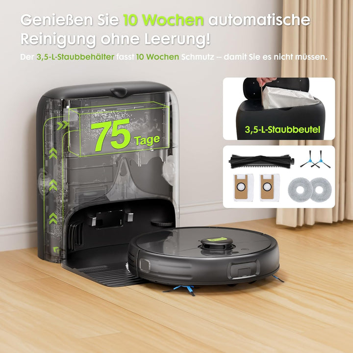 Saugroboter mit Wischfunktion 10,000Pa, Tierhaar-Schneider, Katzen-Laserspiel, Automatische Staubent