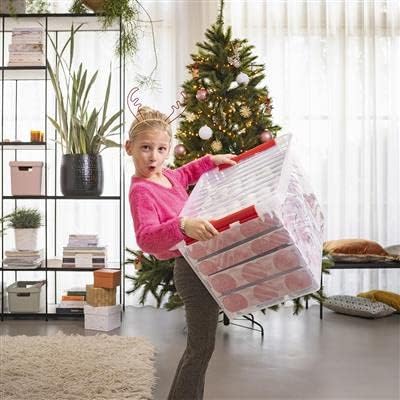 Sunware Q-Reihe Box für Weihnachtsdekoration mit Ablagen für 116 Kugeln, transparent/rot, Einheitsgr