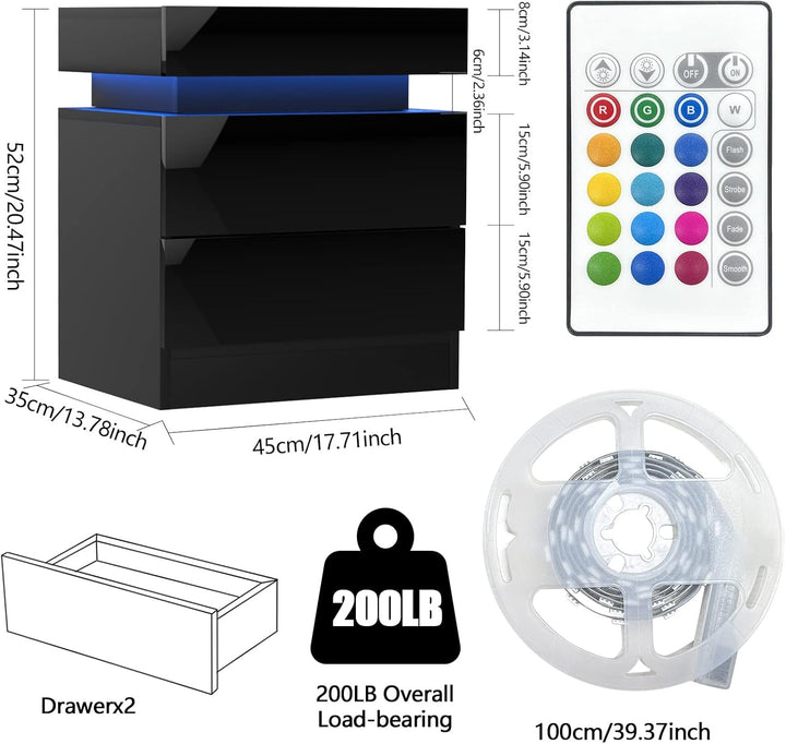 Lvhcmfohm Nachttisch Schwarz 2er Set, Nachtschrank mit Led Licht, Nachtkommode mit 2 Schubladen und