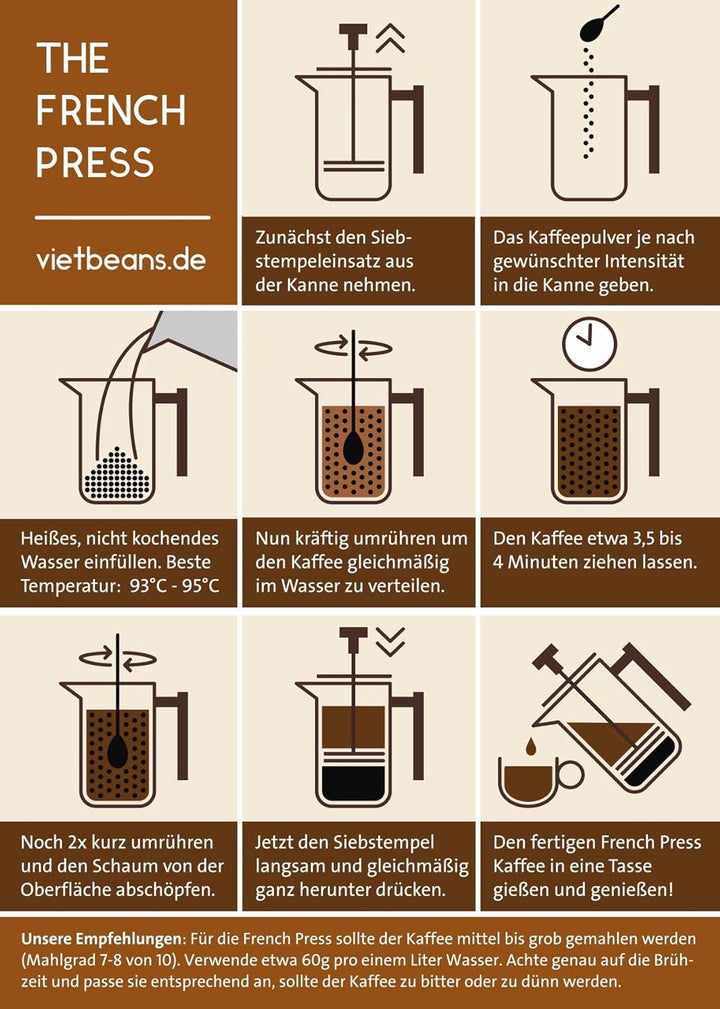 VietBeans French Press – Doppelwandiger Thermo-isolierter Kaffeebereiter Teebereiter - Polierter Ede