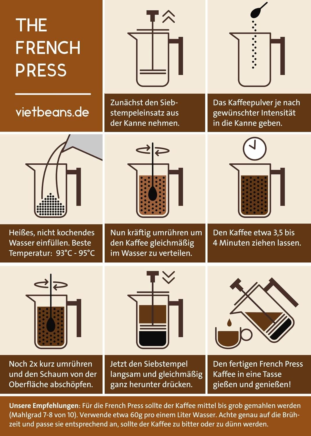 VietBeans French Press – Doppelwandiger Thermo-isolierter Kaffeebereiter Teebereiter - Polierter Ede