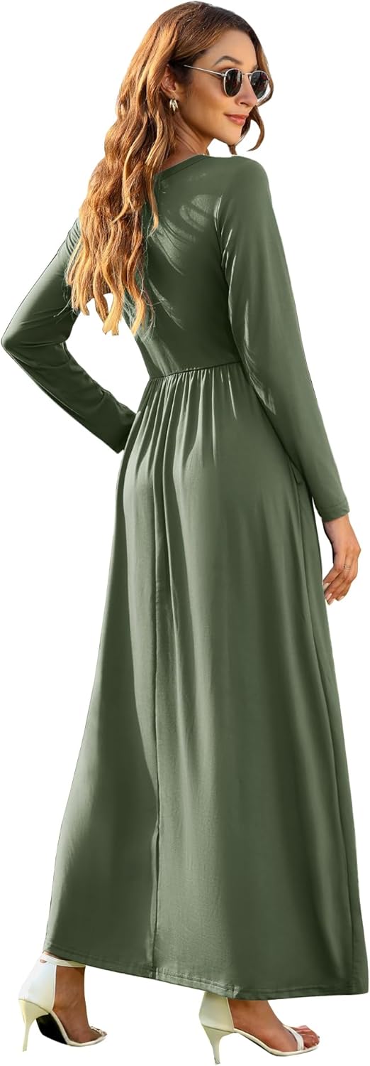 AUSELILY Damen Langarm Maxikleider Lässige Langkleider mit Taschen Winter S Armeegrün, S Armeegrün