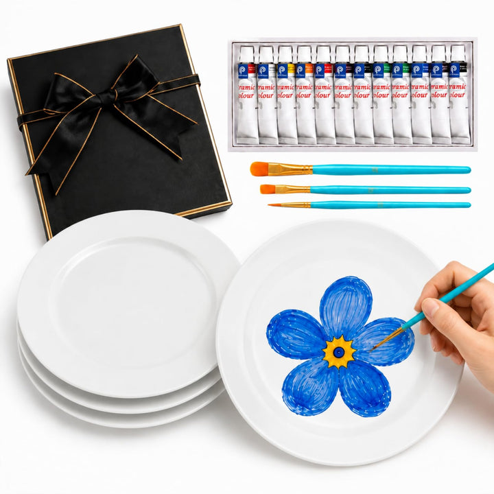 Sinmoe Keramik Bemalen Set Teller zum Bemalen Enthält 4 Porzellanteller 3 Pinsel 12 Acrylfarben 1 Ge