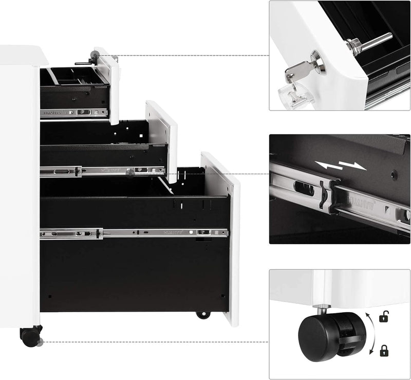 SONGMICS Rollcontainer, Aktenschrank, Büroschrank mit Rollen, Schreibtisch, Unterschrank, abschliess