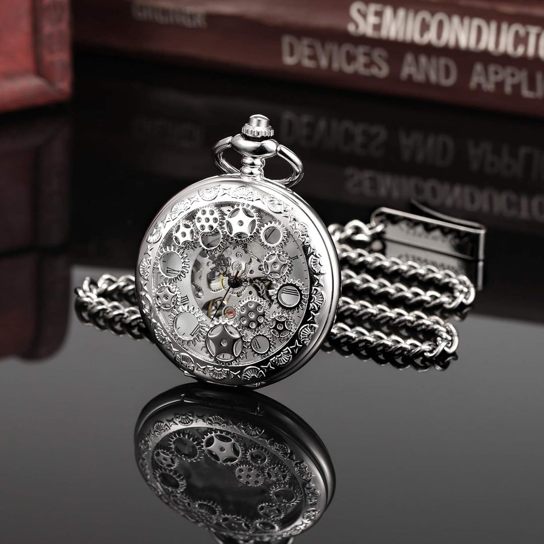 TREEWETO Unisex Taschenuhr mit Kette Analog Handaufzug Antik Zahnrad verziert Römische Silber