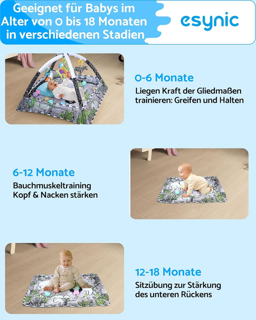 eSynic Baby Gym Spielmatte Spielbogen 7 in 1 Kickin' Tunes Spieldecke Krabbeldecke mit 5 Abnehmbaren