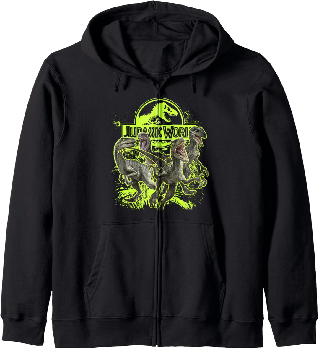 Raptor Attack mit neongrünem Logo von Jurassic World Kapuzenjacke