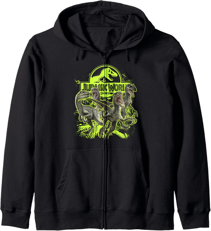 Raptor Attack mit neongrünem Logo von Jurassic World Kapuzenjacke