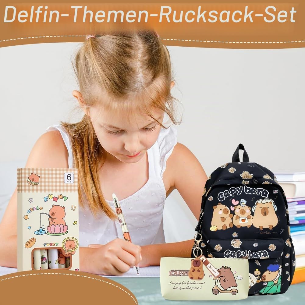 Capybara Rucksack Set - Schulrucksack Grosse Kapazität mit Capybara Federmäppchen, Stiften & Schlüss